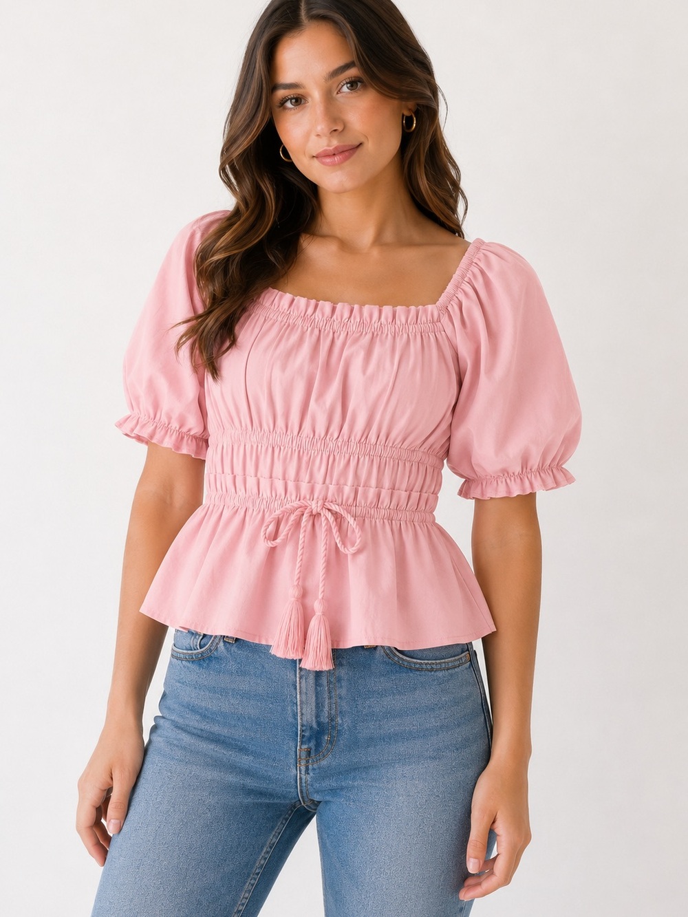Moon River Pink Smocked Puff Sleeve Peplum Top Medium | 100% Cotton | Blouse